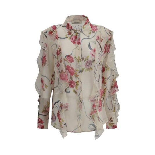 Blumarine floral silk chiffon shirt with ruffled details, featuring a classic collar and button closure, elegant and romantic design.