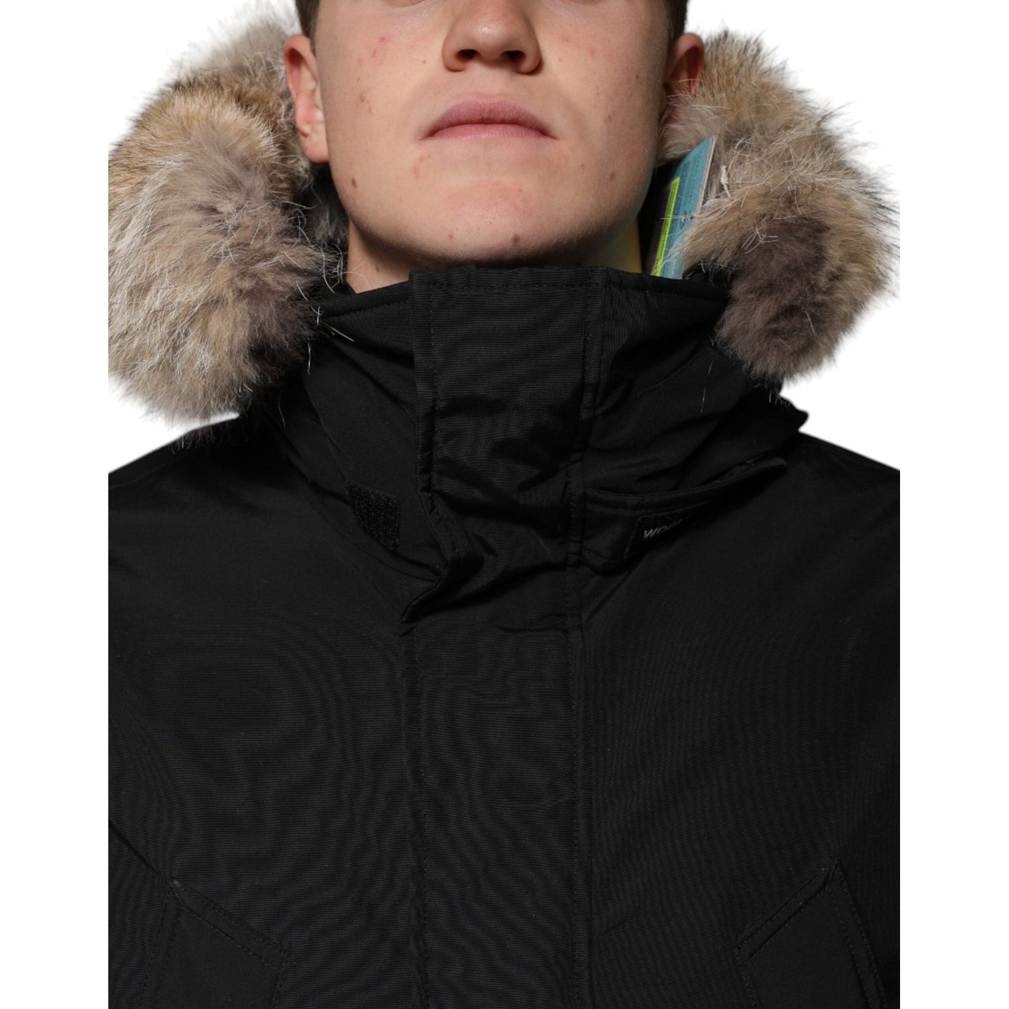 Woolrich Black Hooded Long Sleeves Fur Shearling Coat Jacket JKT41210-46