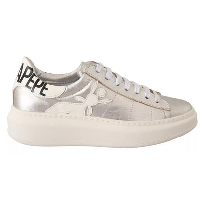 Patrizia Pepe Silver Full Grain Leather Lace Up Sneakers Shoes