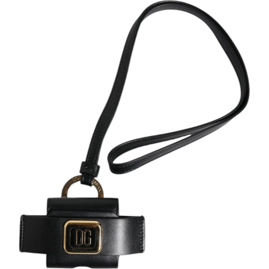 Dolce & Gabbana Black Leather Strap Gold Metal Logo Plaque Airpods Case SMY10691