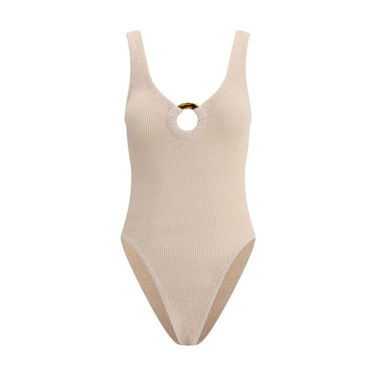 Hunza G Celine Swimsuit with circular cut-out and crinkle fabric for a timeless, elegant look, perfect fit for all body types.