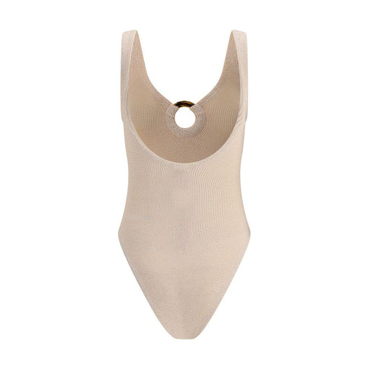 Hunza G Celine Swimsuit, front view, ivory color with circular cut-out, showcasing crinkle stretch fabric for a perfect fit.