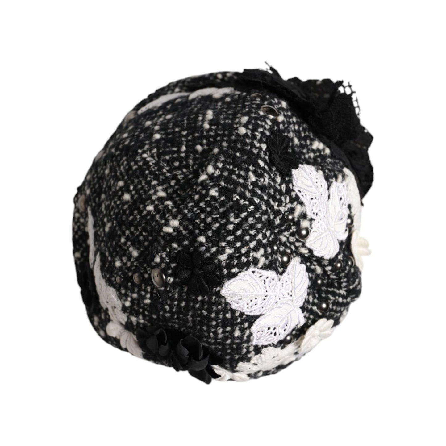 Dolce & Gabbana Black Wool White Floral Embellished Cloche Hat