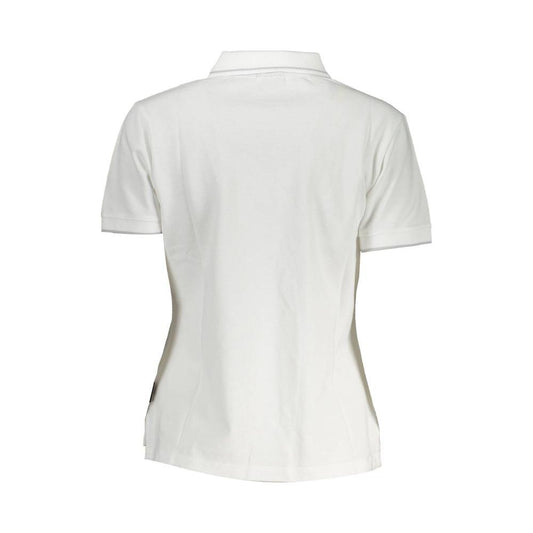 Back view of Napapijri White Cotton Women's Polo Shirt, showcases short sleeves and tailored fit, made from breathable 100% cotton.