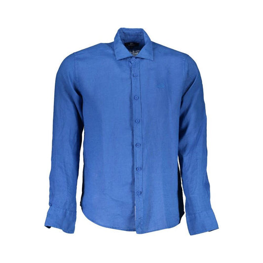 La Martina Blue Linen Men Shirt La Martina Steel Blue