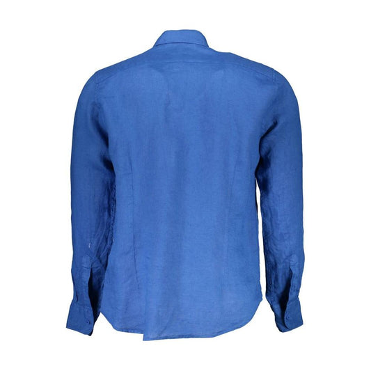 La Martina Blue Linen Men Shirt La Martina Steel Blue
