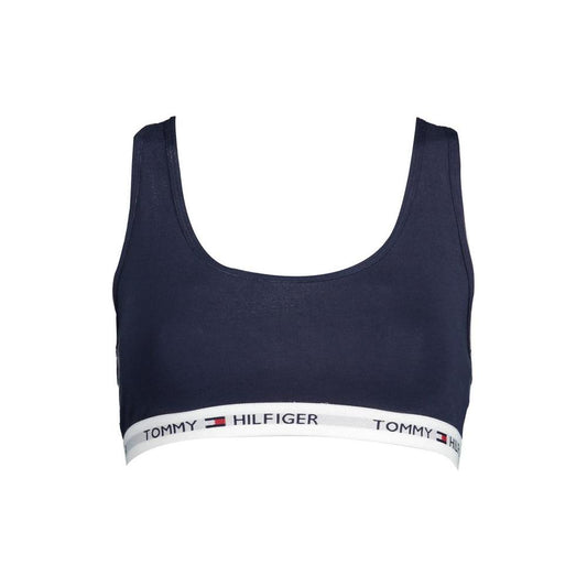 Tommy Hilfiger blue cotton sports bra with elastic band, contrast details, and logo for comfortable, stylish wear.