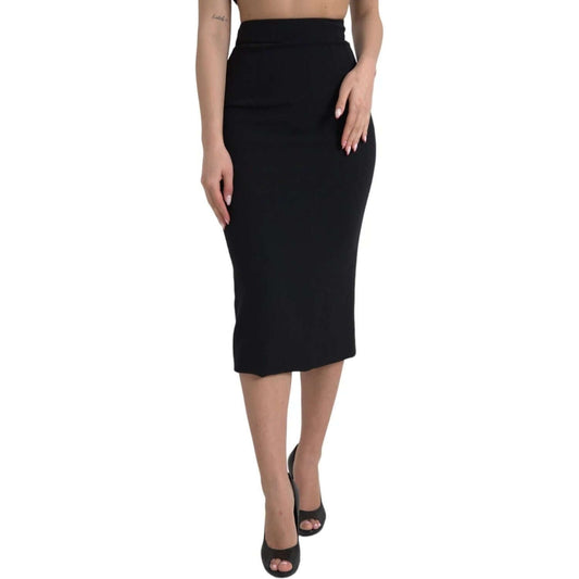 Dolce & Gabbana Black Wool High Waist Pencil Cut Midi Skirt