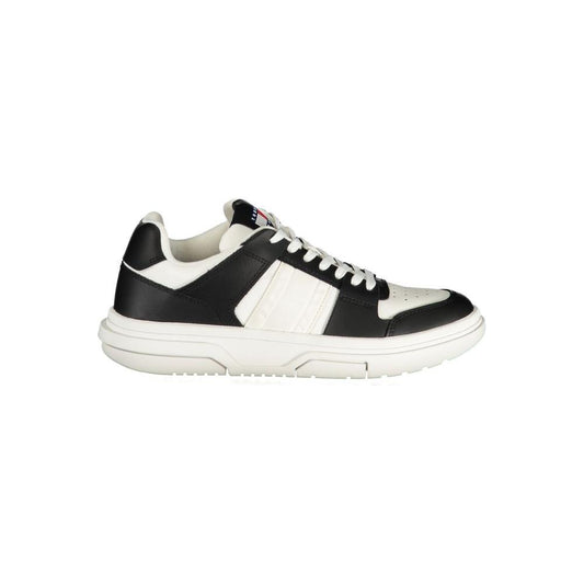 Tommy Hilfiger black leather women sneaker with white accents and logo, combining comfort and style for fashion-forward individuals.
