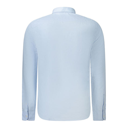 Back view of Timberland light blue cotton men's shirt, featuring slim-fit design and button-down collar for a sophisticated look.