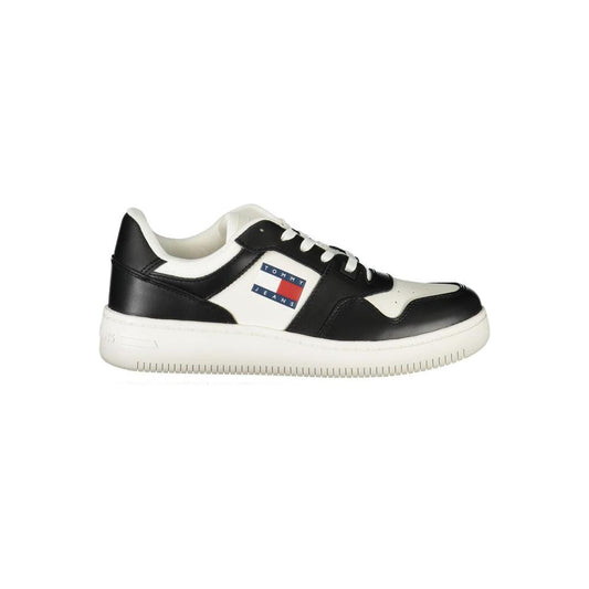 Tommy Hilfiger women's white polyethylene sneakers with black accents and logo, removable footbed for comfort and style.