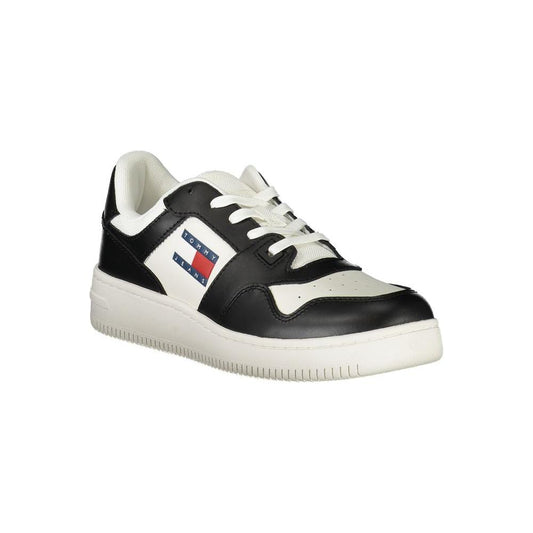 Tommy Hilfiger black and white women's sneaker with iconic logo, featuring a modern design and customizable comfort.