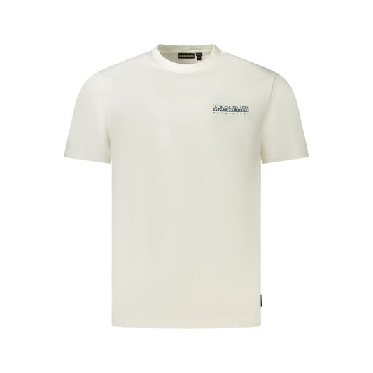 Napapijri white cotton men's t-shirt with crew neck and logo print, crafted from 100% organic cotton for comfort and sustainability.