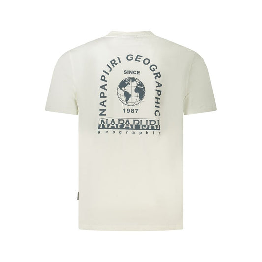 Back view of Napapijri white cotton men's t-shirt with logo and graphic print, short sleeves, crew neck, designed for modern style.