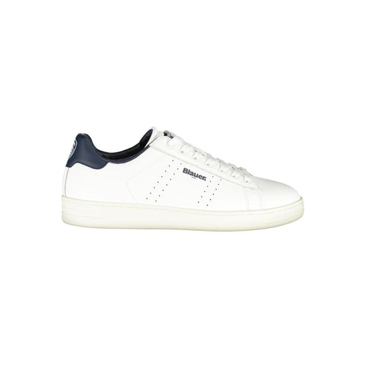Blauer white leather men's sneaker with blue accents, featuring removable insole and logo, perfect for style-conscious athletes.