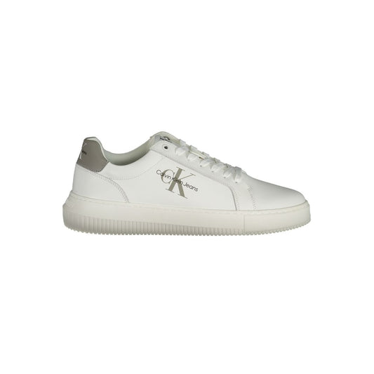 Calvin Klein white leather men sneaker with grey accents, featuring a recycled rubber sole and removable footbed for sustainable style.