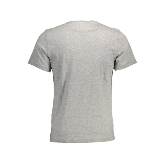 Back view of a plain gray short-sleeve t-shirt on a white background, highlighting simple and versatile design.