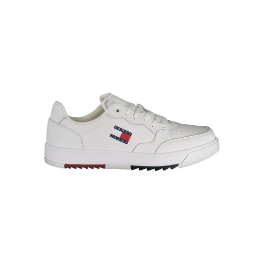 Tommy Hilfiger white polyethylene men’s sneaker with logo and playful print, featuring a lace-up design and durable materials.