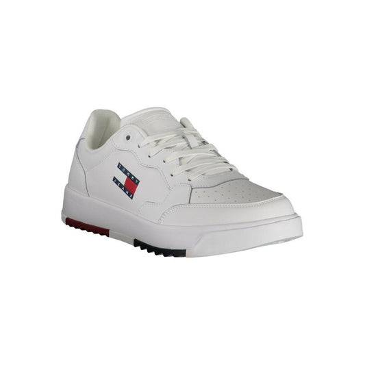 Tommy Hilfiger men's white sneaker with logo, polyester and leather blend, sporty lace-up design, durable for casual wear.