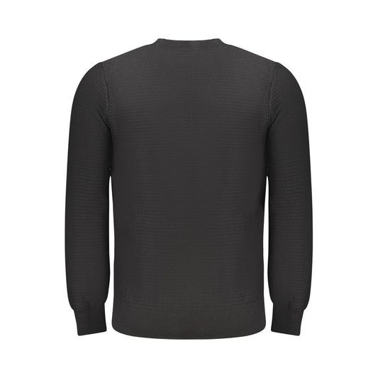 Back view of Hugo Boss black cotton men's sweater, featuring a sleek long-sleeved design with a classic crew neck.
