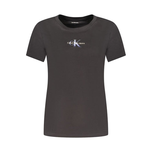 Calvin Klein black cotton women's t-shirt with iridescent logo, slim-fit and short-sleeve, for modern elegance and comfort.