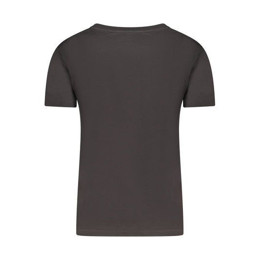 Back view of a Calvin Klein black cotton women's t-shirt with short sleeves and a crew neck design.