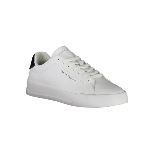 Tommy Hilfiger white polyethylene men's sneaker with blue accents, featuring a removable insole and iconic logos for style and comfort.
