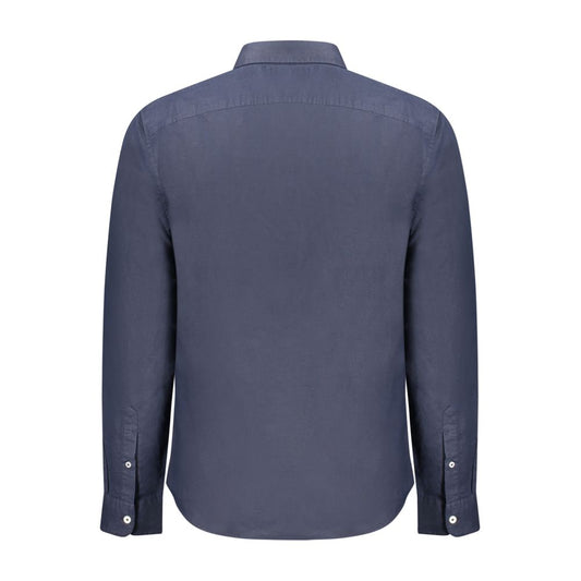 Back view of Timberland blue cotton shirt with long sleeves and button down collar, featuring slim fit design and embroidered logo.