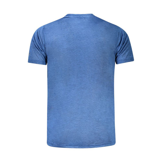 Back view of a blue Norway 1963 polyester T-shirt with short sleeves and crew neck, featuring breathable fabric and logo, made from recycled materials.