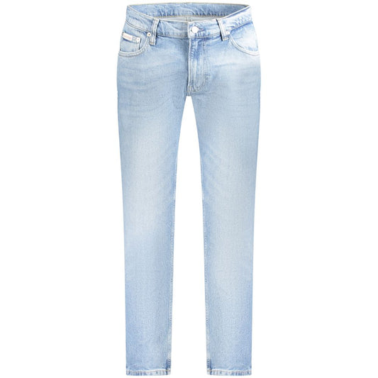 Calvin Klein light blue cotton men's jeans with vintage washed effect, modern 5-pocket design, and comfortable stretch fit.
