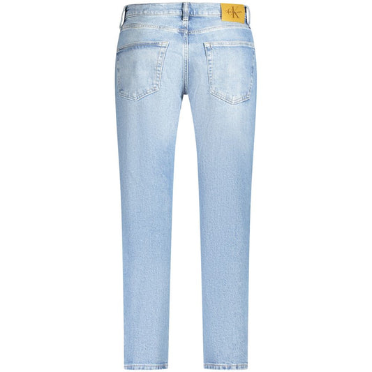 Back view of Calvin Klein light blue cotton men's jeans with vintage wash effect.