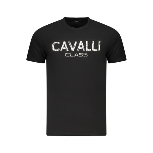 Cavalli Class black cotton men's T-shirt with bold print logo, high-fashion style, premium comfort, ideal for a fashion-forward look.