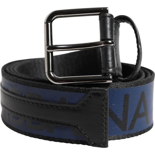 Dolce & Gabbana Black Blue DG Logo Silver Metal Buckle Belt BEL9434-95