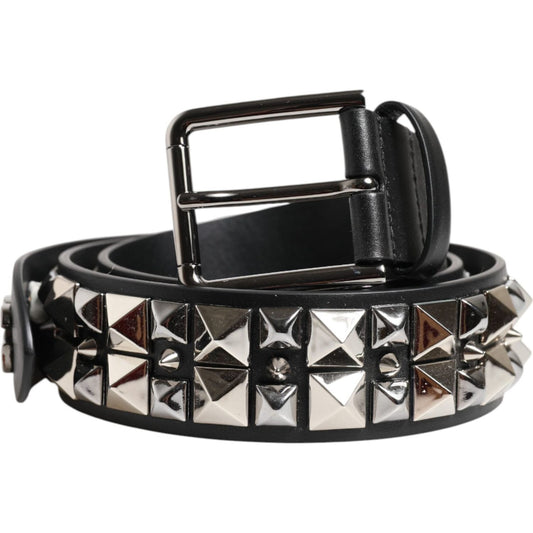 Dolce & Gabbana Black Calf Leather Studded Silver Buckle Belt BEL9438-90