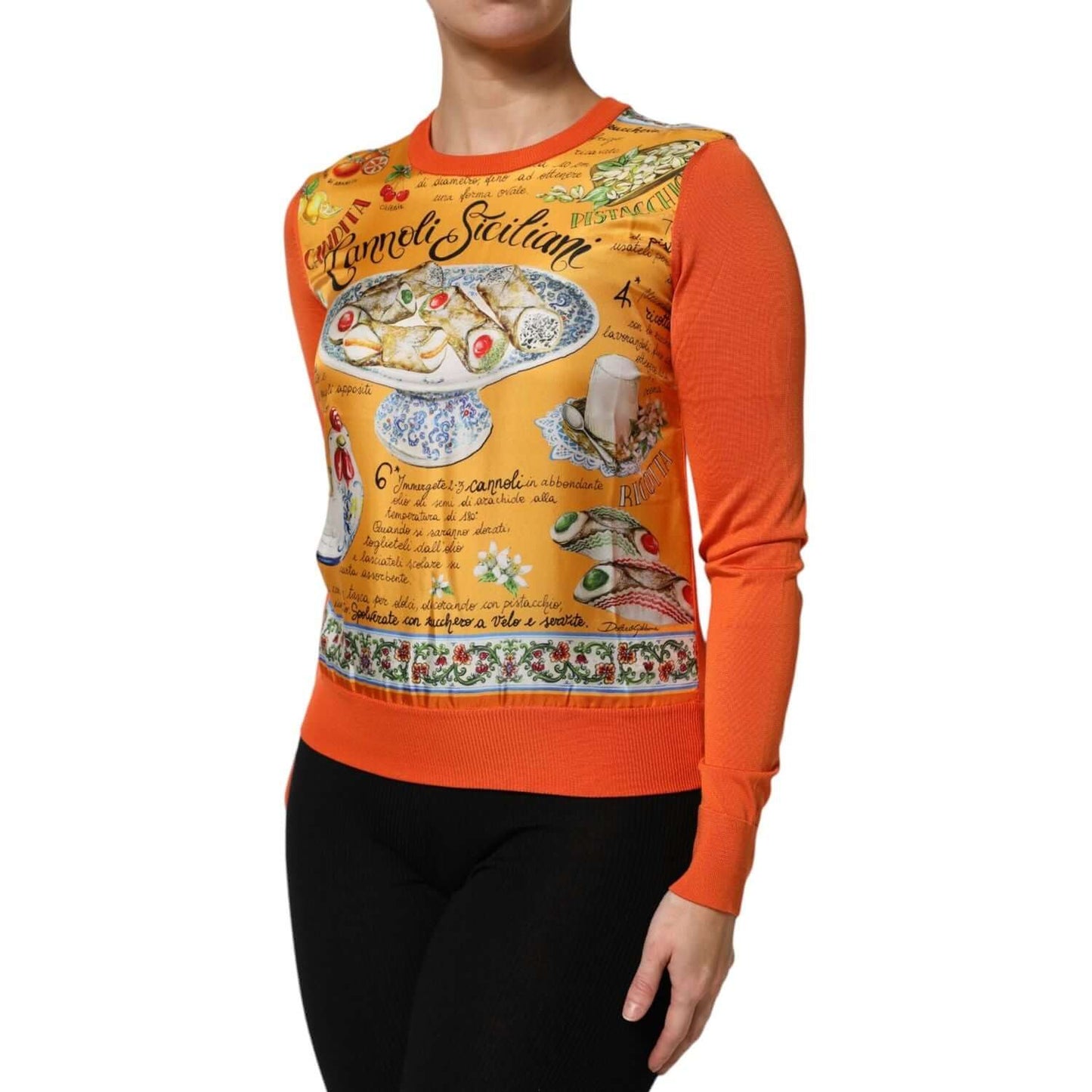 Dolce & Gabbana Orange Cannoli Sicilian Silk Crew Neck Top TSH90421-40