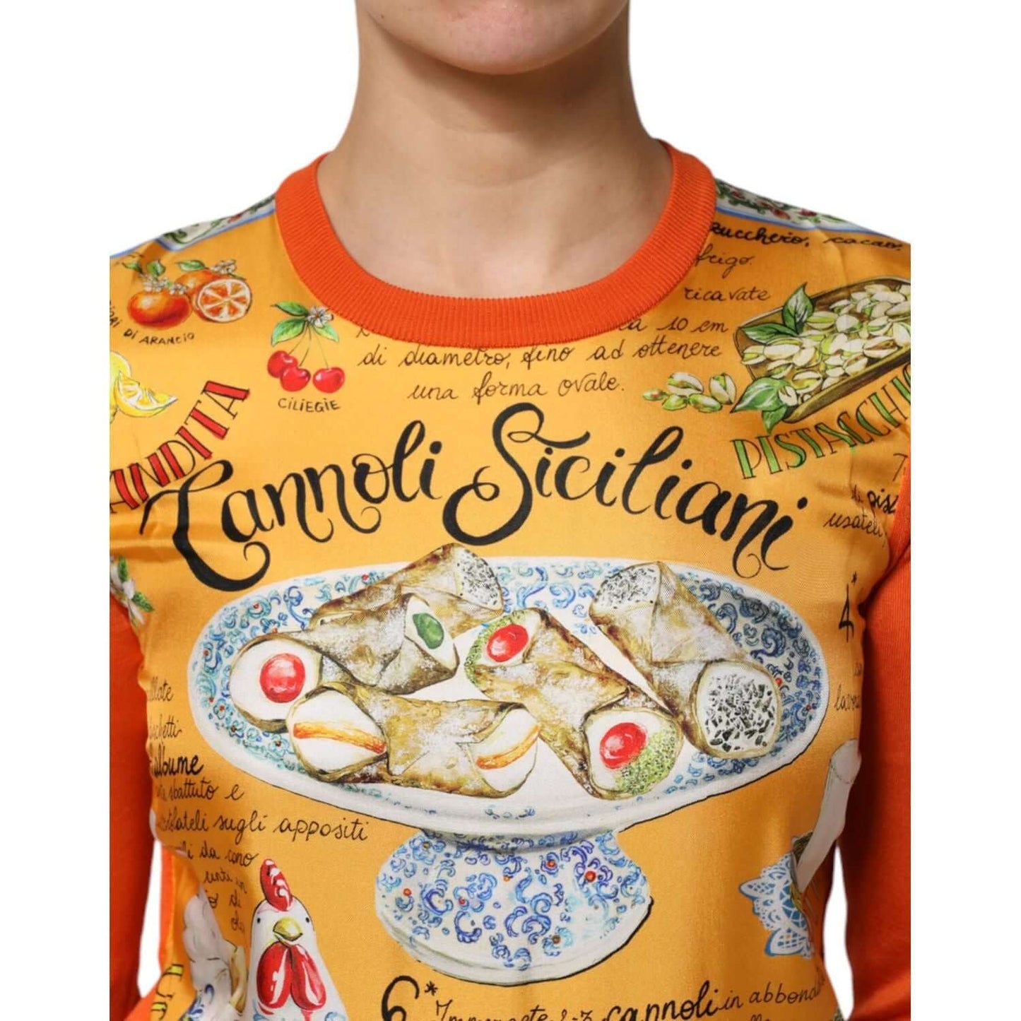 Dolce & Gabbana Orange Cannoli Sicilian Silk Crew Neck Top TSH90421-40
