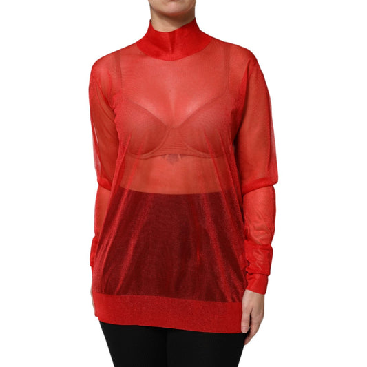 Dolce & Gabbana Red Tulle Turtleneck Long Sleeve Blouse Top TSH87601-44