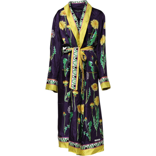Dolce & Gabbana Blue Floral Print Silk Long Sleeves Wrap Robe JKT41482-46