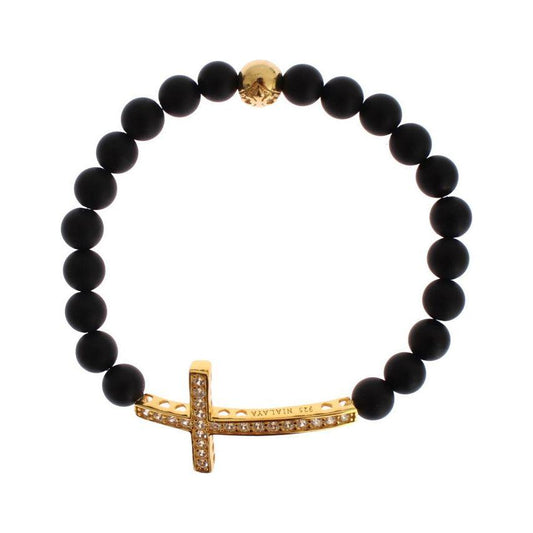 Nialaya Matte Onyx Stone Gold CZ Cross 925 Silver Bracelet