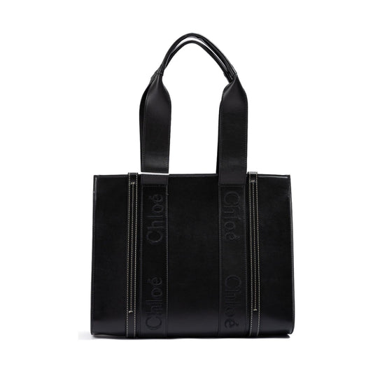 Chloé Black Woody Embroidered Logo Leather Medium Tote Bag CHL-240725