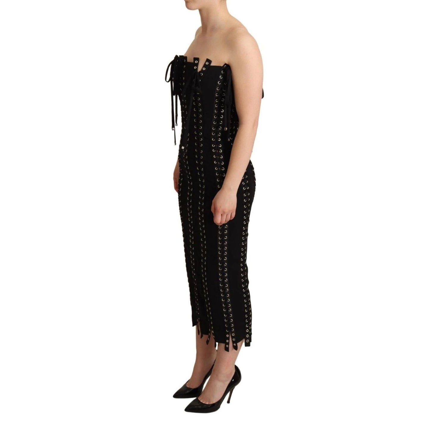 Dolce & Gabbana Black Cady Sleeveless Lace Up Bodycon Dress DR28050-36