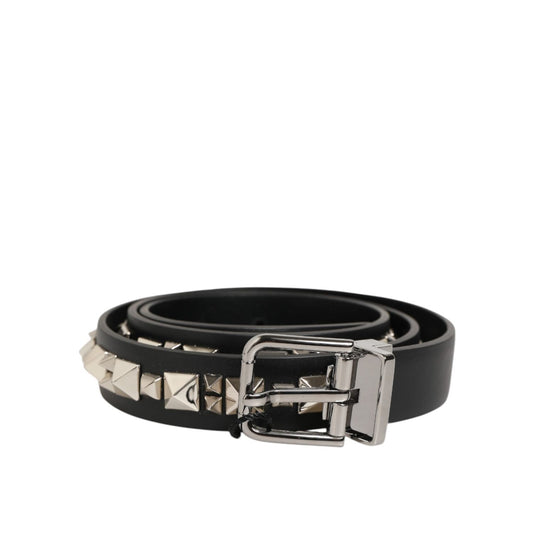 Dolce & Gabbana Black Leather Studded Silver-Tone Buckle Belt