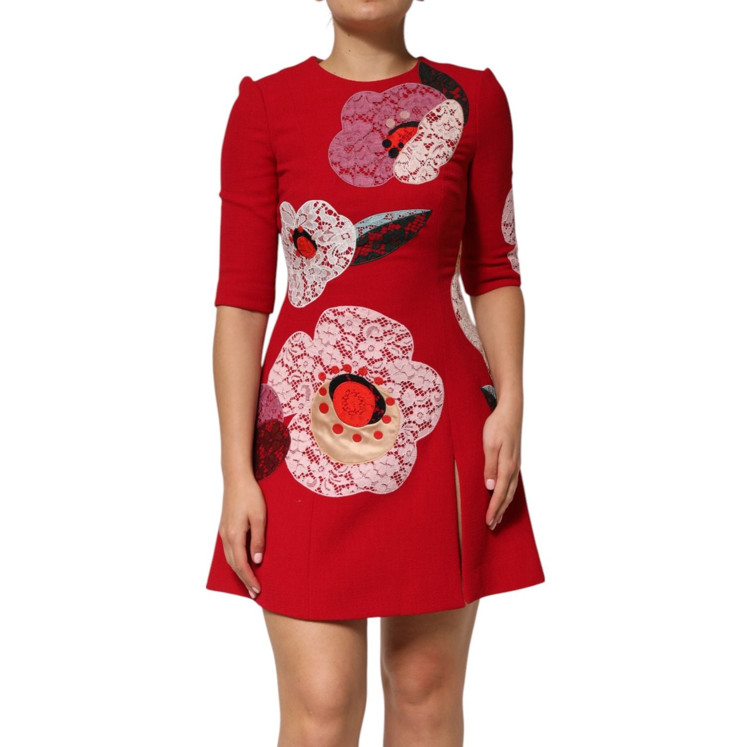 Dolce & Gabbana Red Lace Floral Applique A-line Mini Dress