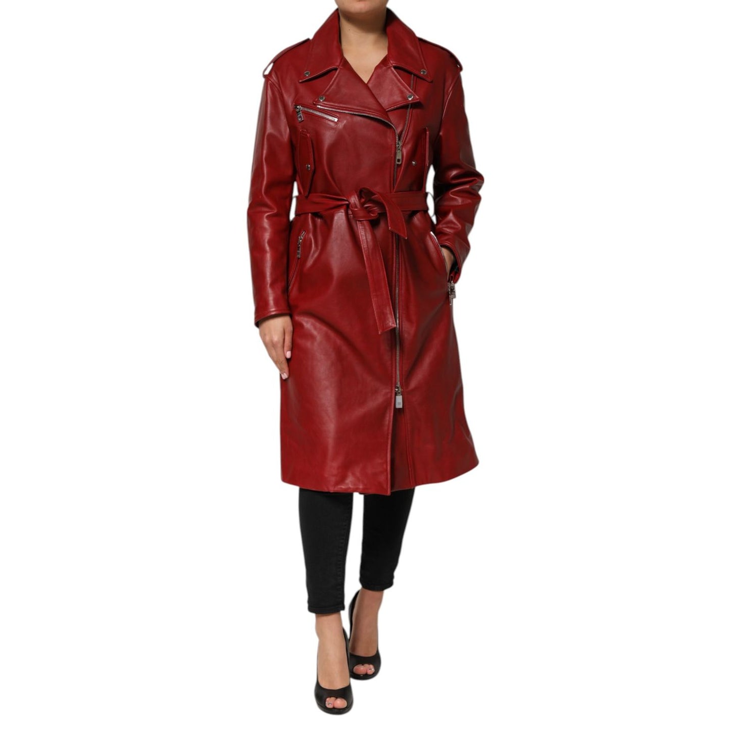 Dolce & Gabbana Red Leather Belted Full Zip Trench Coat Jacket