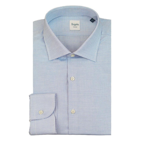 Bagutta blue cotton men's shirt with French collar, slim fit, long sleeves, and mother-of-pearl buttons for refined elegance.