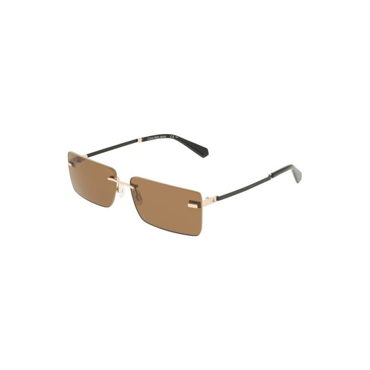 Calvin Klein beige metal women's sunglasses with brown rectangular lenses and minimalist design.