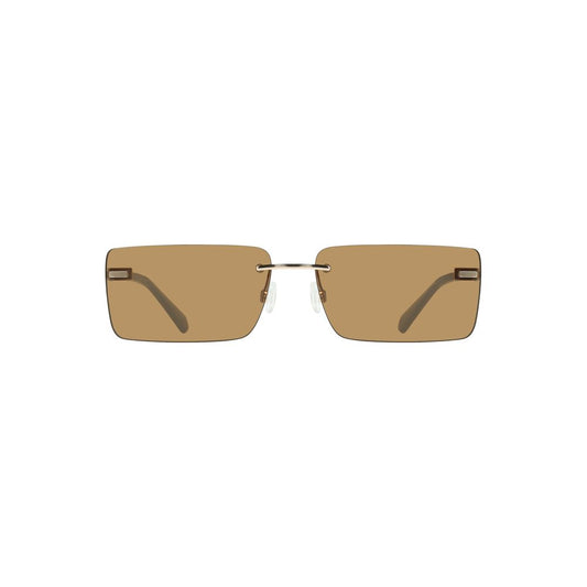 Calvin Klein beige metal women's sunglasses with brown rectangular lenses, minimalist and fashionable for contemporary style.