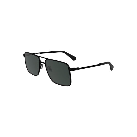Calvin Klein black metal sunglasses with square smoke lens for men, offering iconic style and eye protection, 58mm lens width.