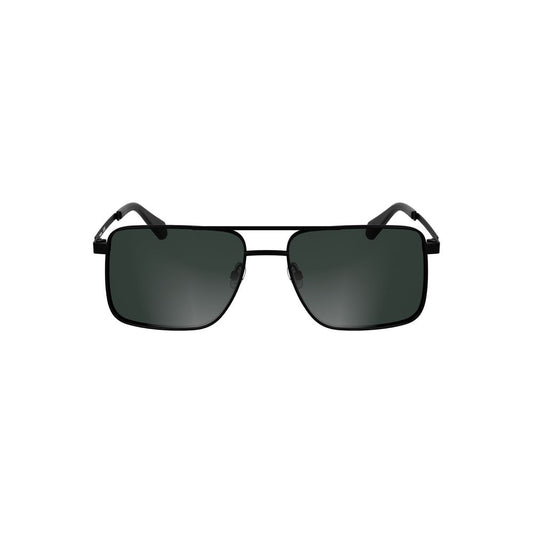 Calvin Klein black metal men's sunglasses with smoke lens and bold square frame, 58mm lens width.