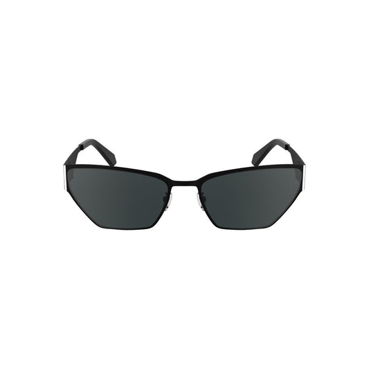Calvin Klein black metal sunglasses with angular design, featuring dark lenses, front view on white background.